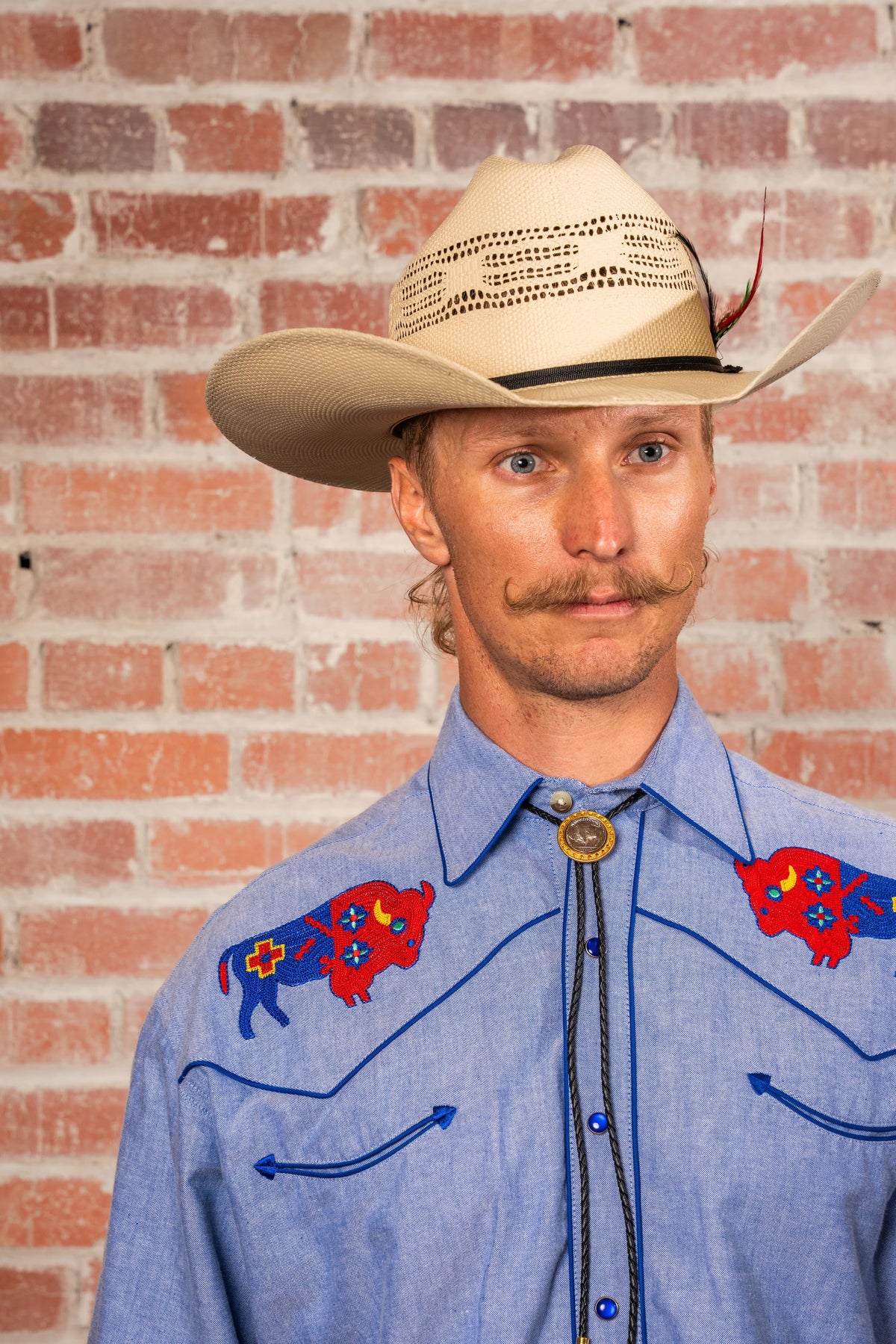 Men's American Bison Chambray Embroidered Western Shirt by Rockmount Ranch Wear in denim with Chenille embroidery