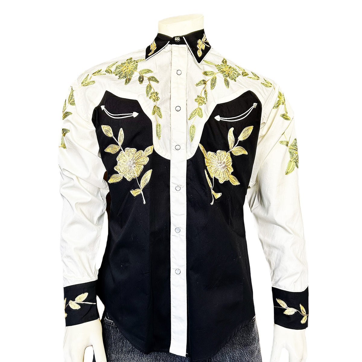 Men's Floral 2-Tone White & Black Embroidered Western Shirt - Rockmount
