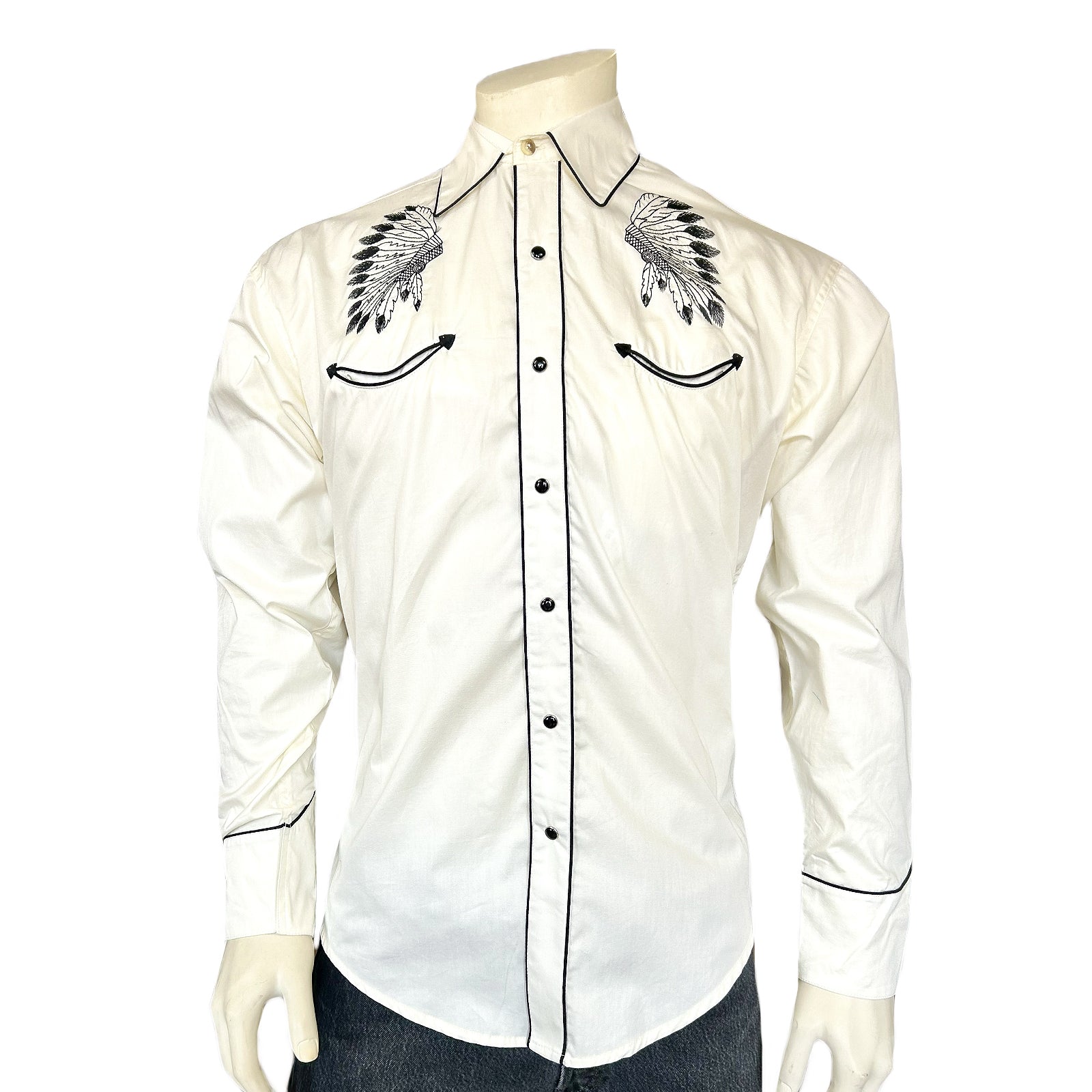 Men's Ivory Gabardine Warbonnet Embroidered Western Shirt