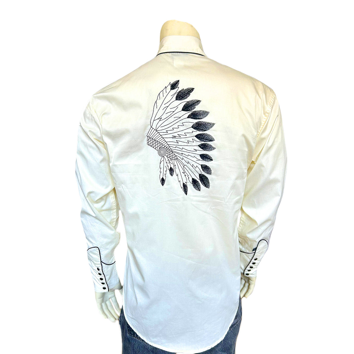 Men's Ivory Gabardine Warbonnet Embroidered Western Shirt