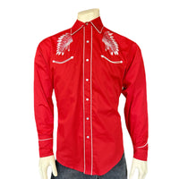 Men's Red Gabardine Warbonnet Embroidered Western Shirt