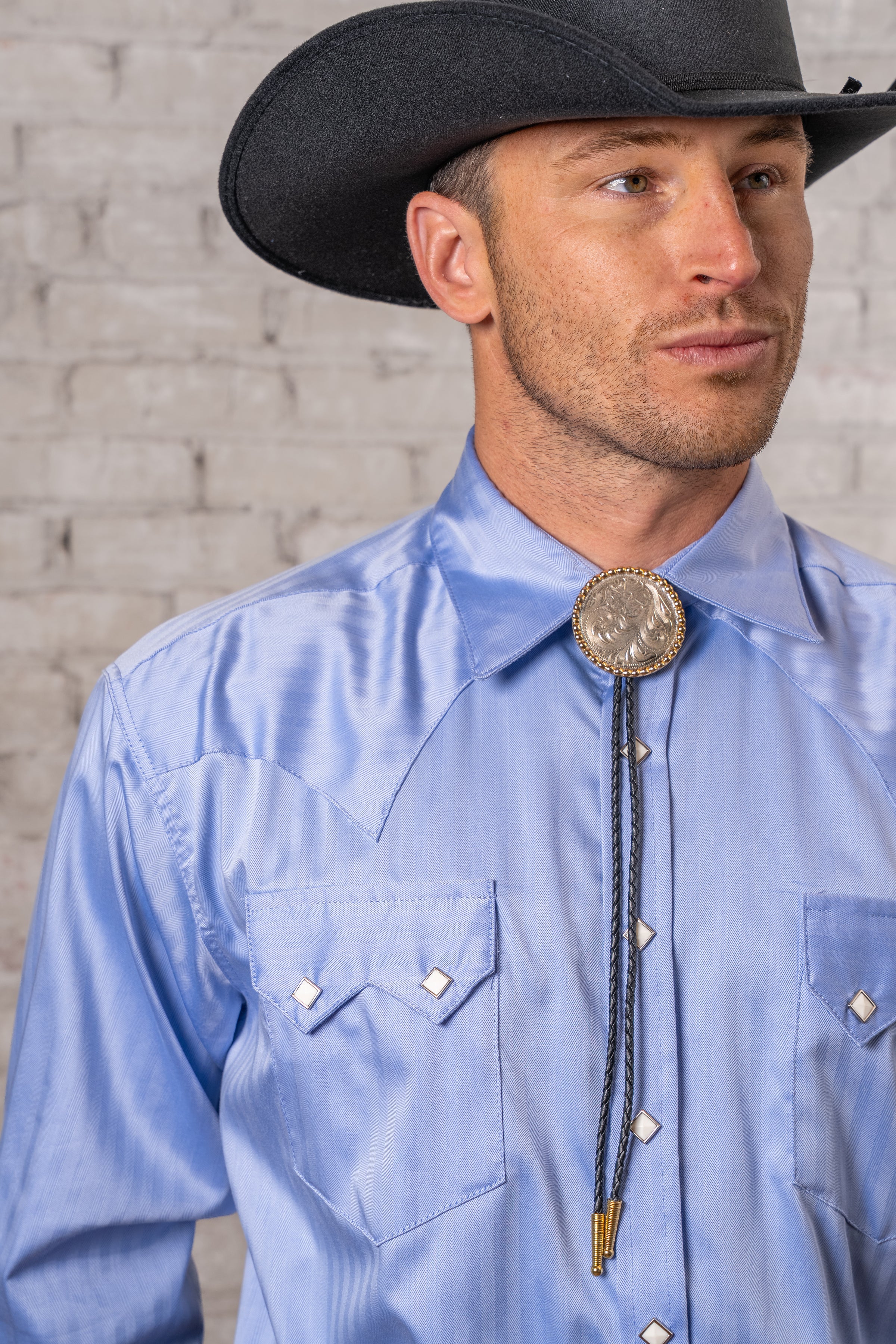 Men's Blue Pima Cotton Herringbone Western Shirt