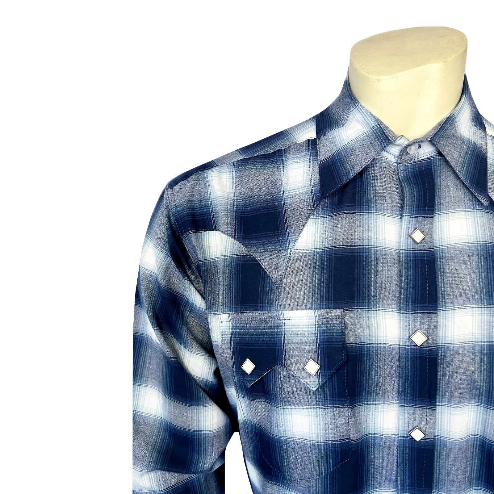 Men's Blue & White Shadow Plaid Western Shirt - Rockmount