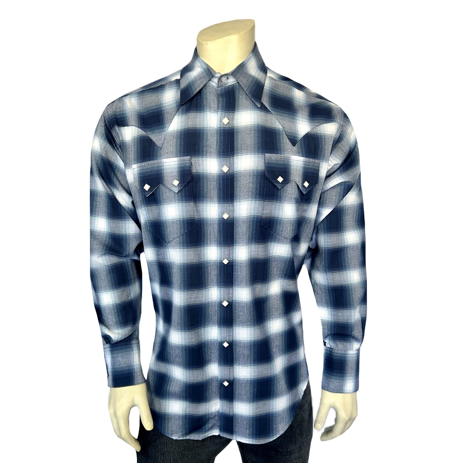 Men's Blue & White Shadow Plaid Western Shirt - Rockmount