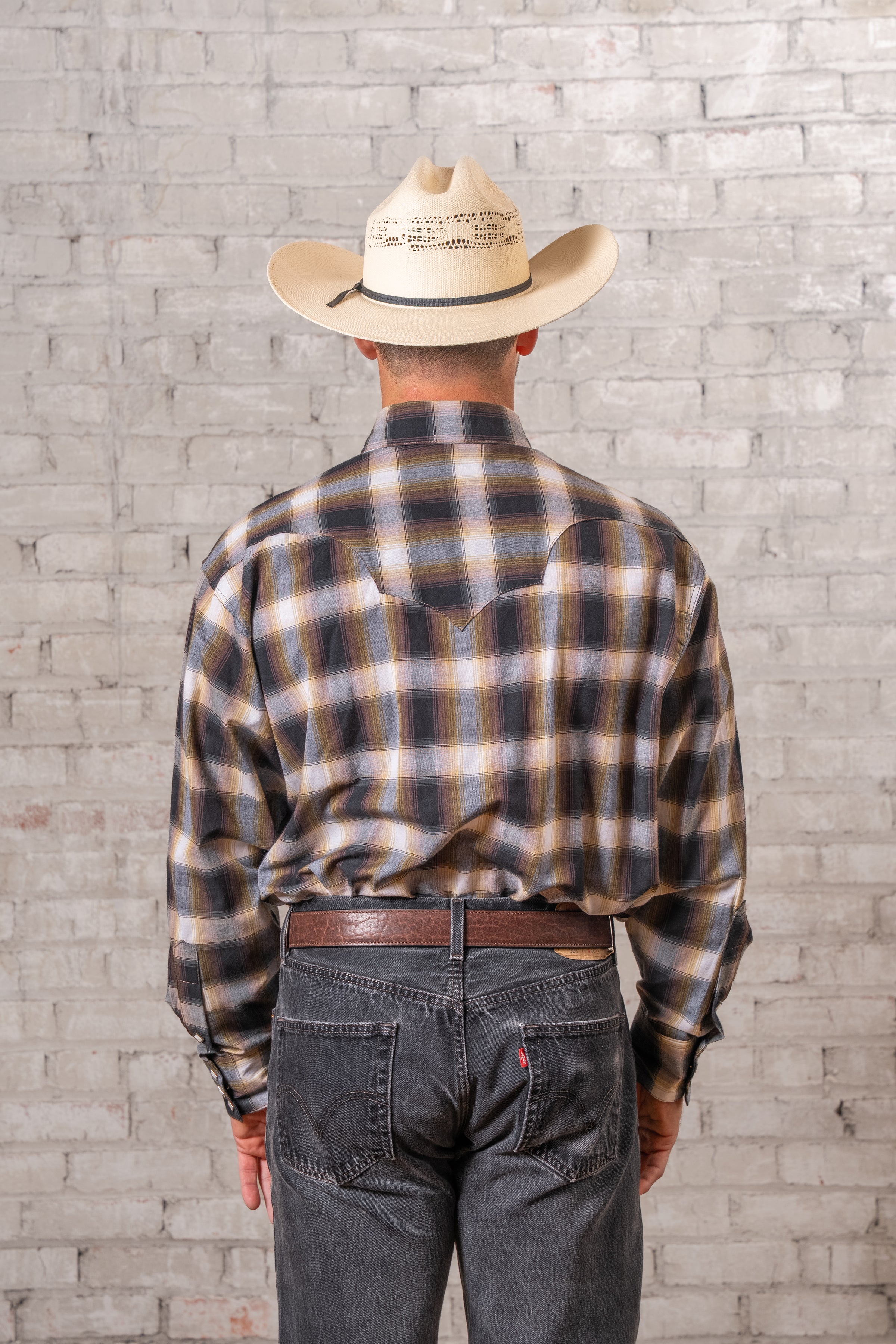 Men's Brown & White Shadow Plaid Western Shirt