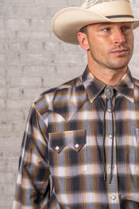 Men's Brown & White Shadow Plaid Western Shirt