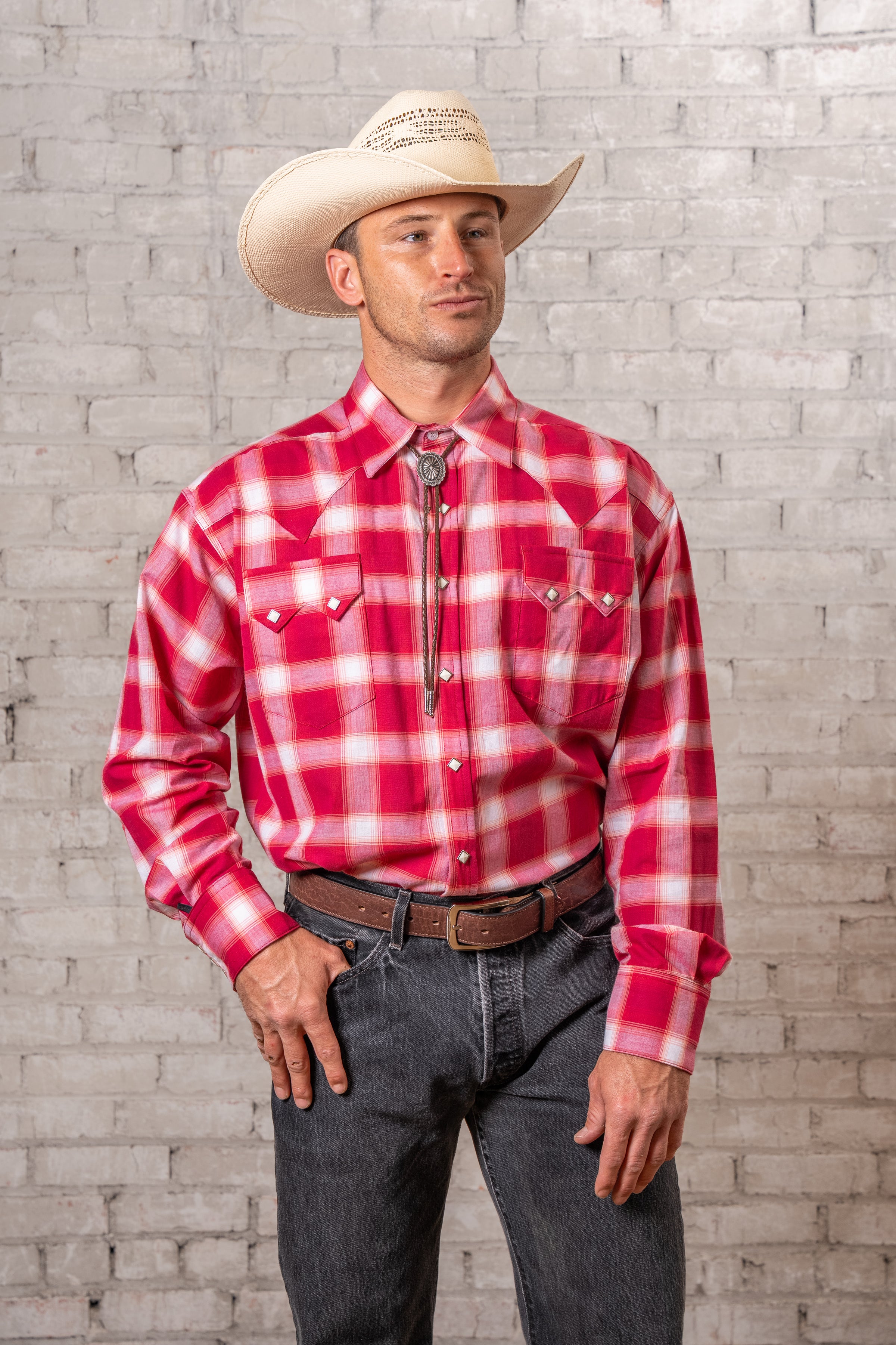 Men's Red & White Long Sleeve Shadow Plaid Western Shirt