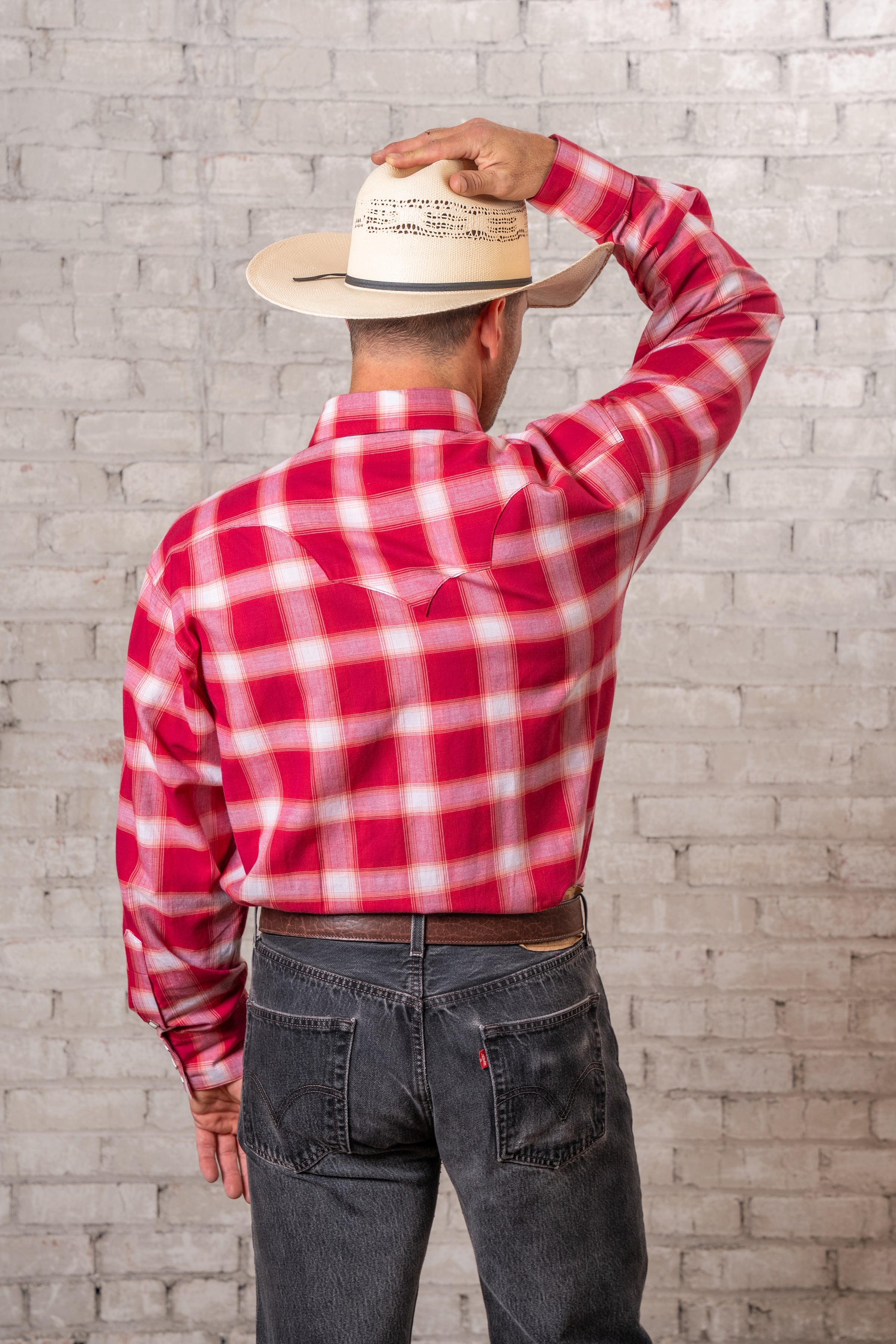Men's Red & White Long Sleeve Shadow Plaid Western Shirt