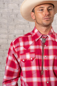Men's Red & White Long Sleeve Shadow Plaid Western Shirt