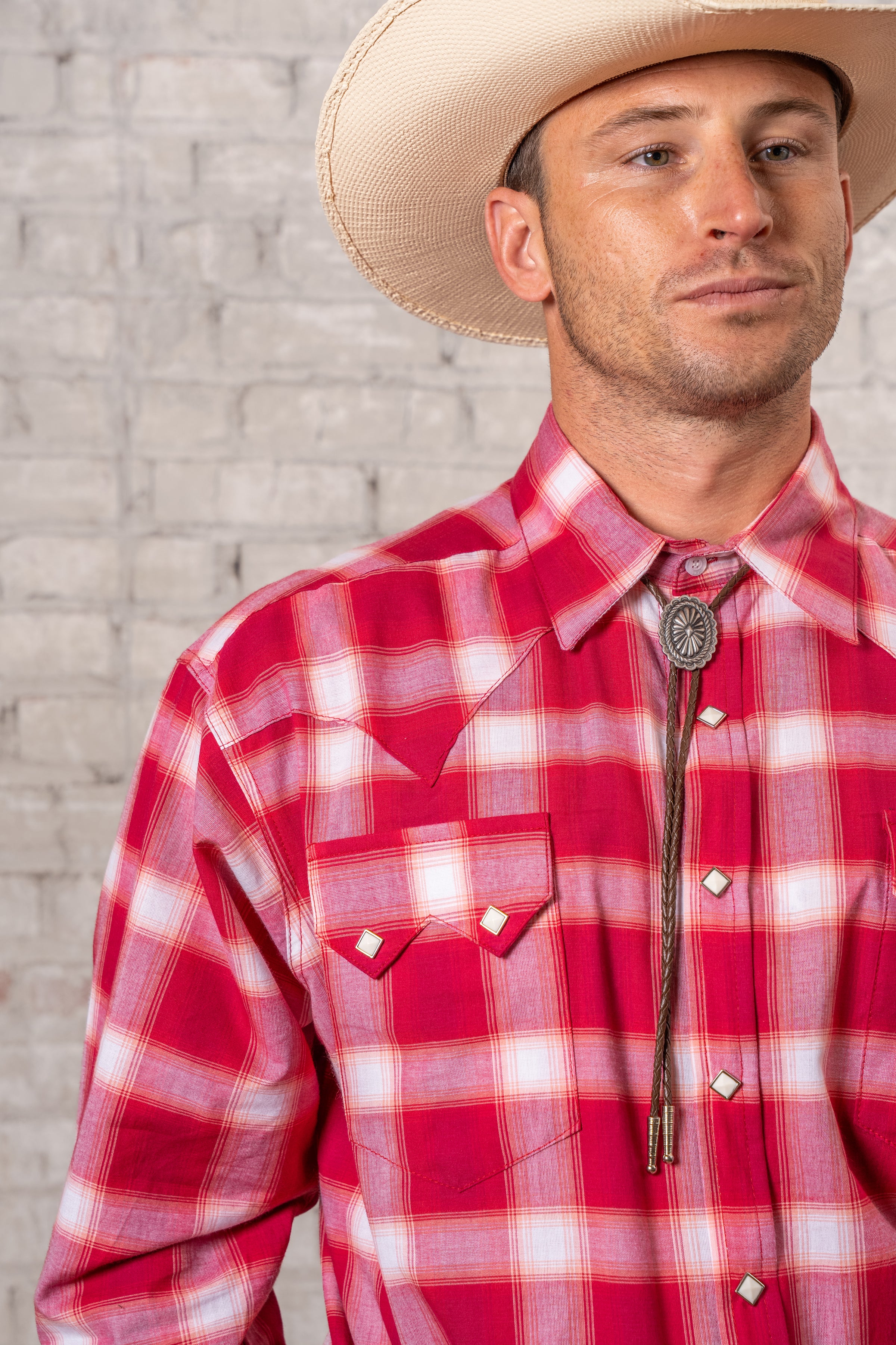 Men's Red & White Long Sleeve Shadow Plaid Western Shirt