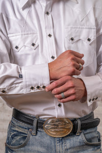 Men's Classic Pima Cotton Solid White Western Shirt with Black Snaps