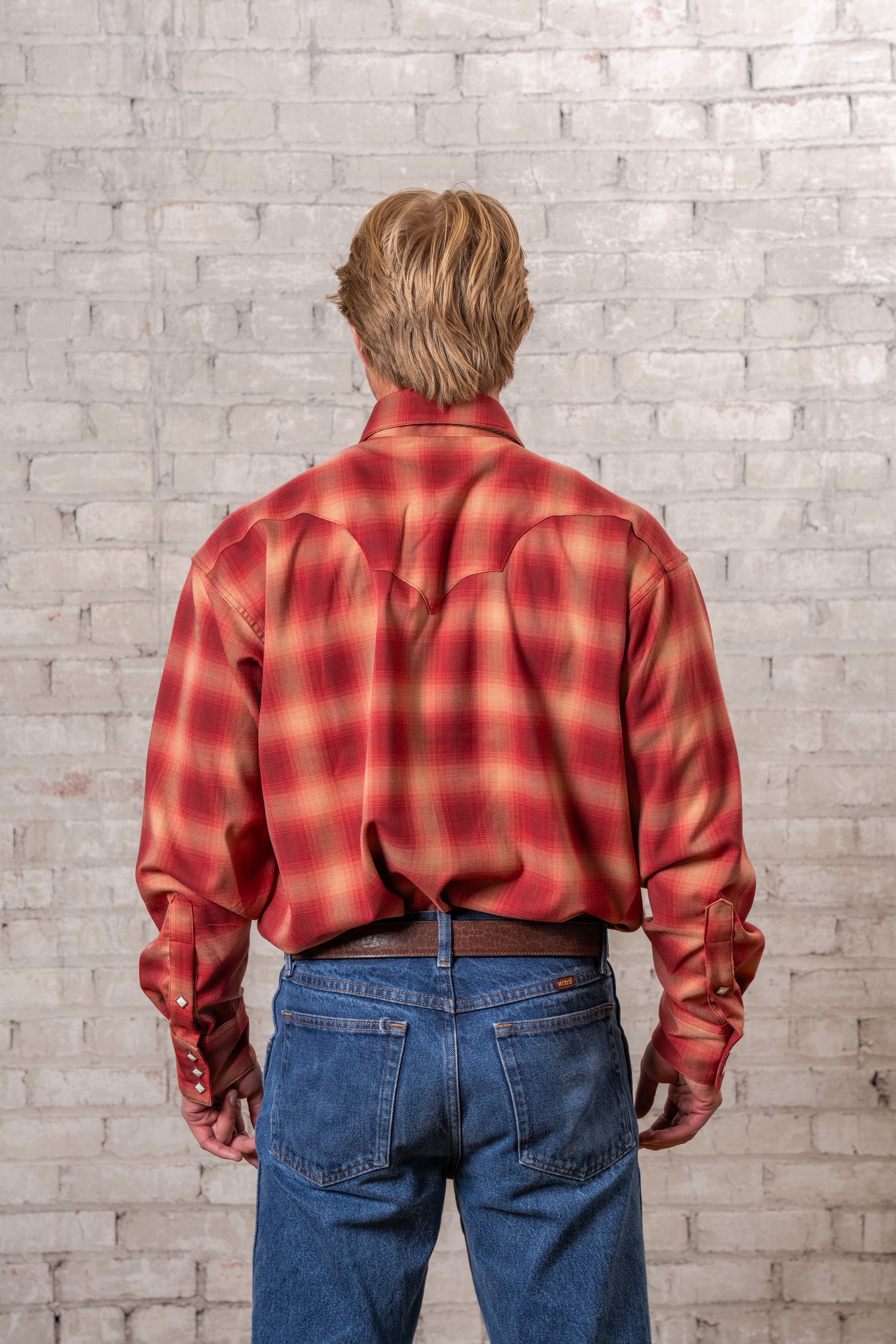 Men's Red Fine Shadow Plaid Western Shirt