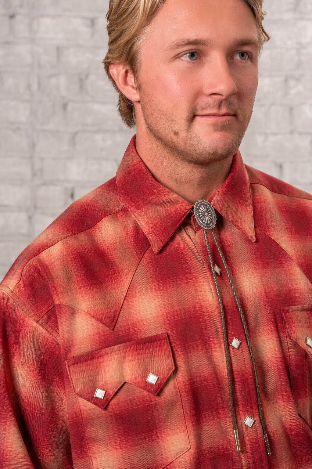 Men's Red Fine Shadow Plaid Western Shirt