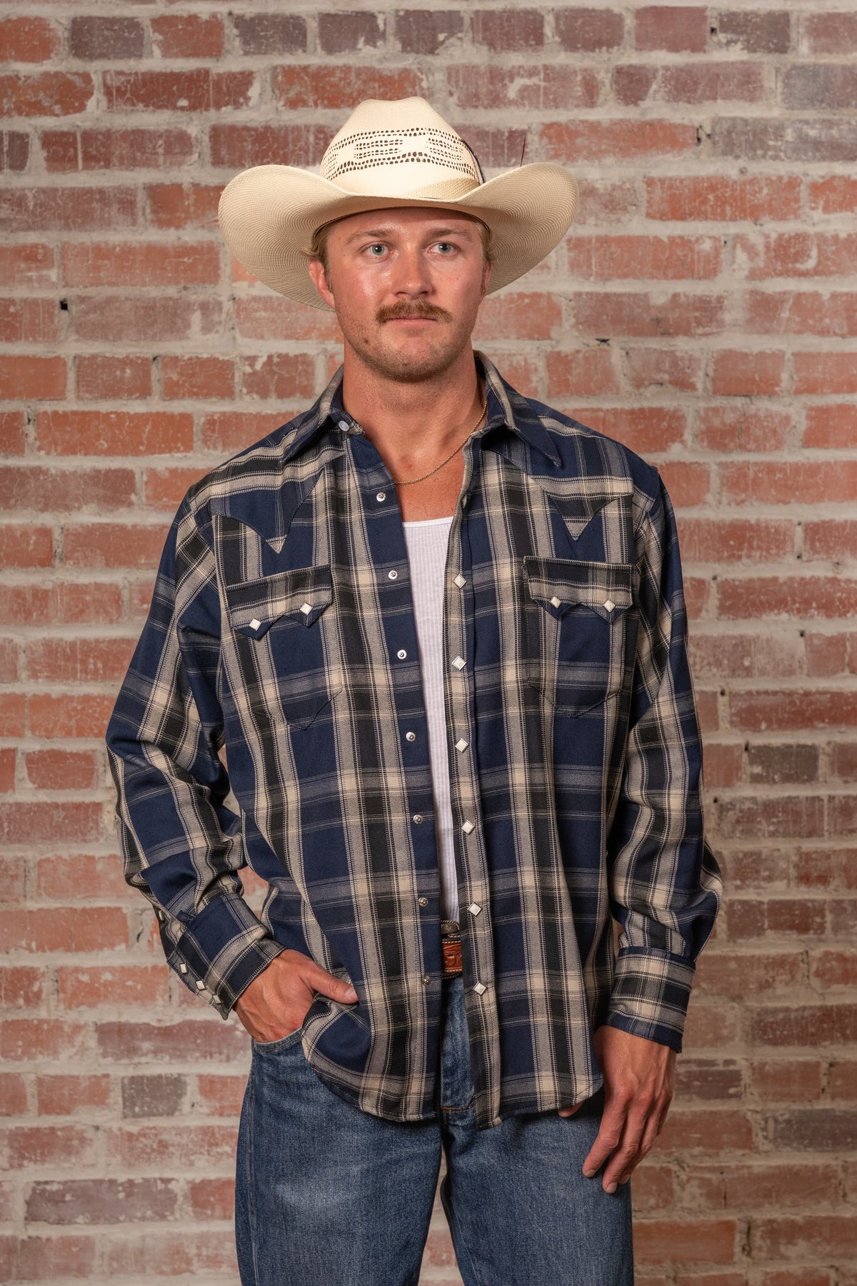 Men's Navy Fine Shadow Plaid Western Shirt by Rockmount Ranch Wear in 100 cotton yarn-dyed plaid
