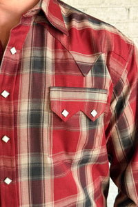 Men's Red Fine Shadow Plaid Western Shirt