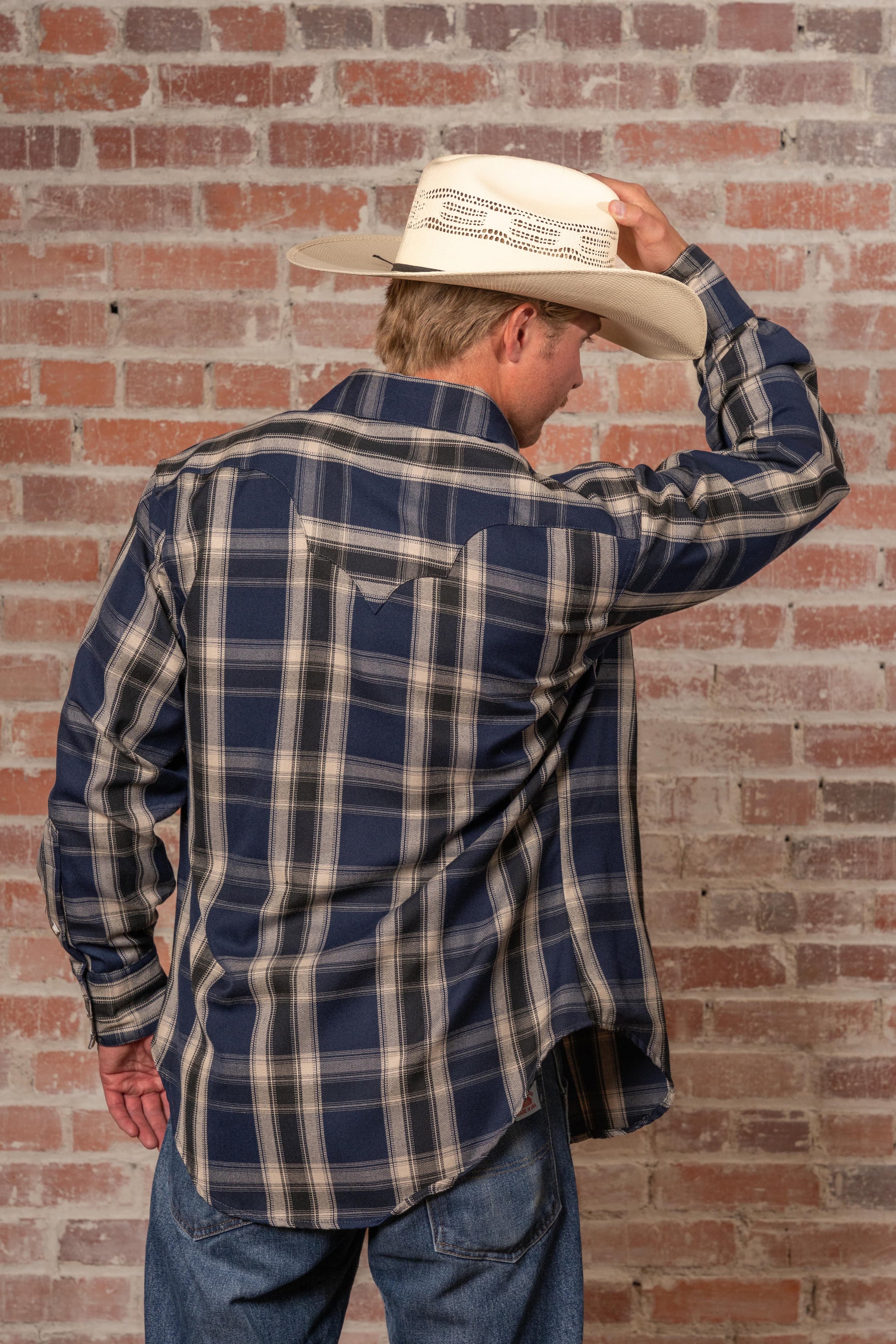 Men's Navy Fine Shadow Plaid Western Shirt