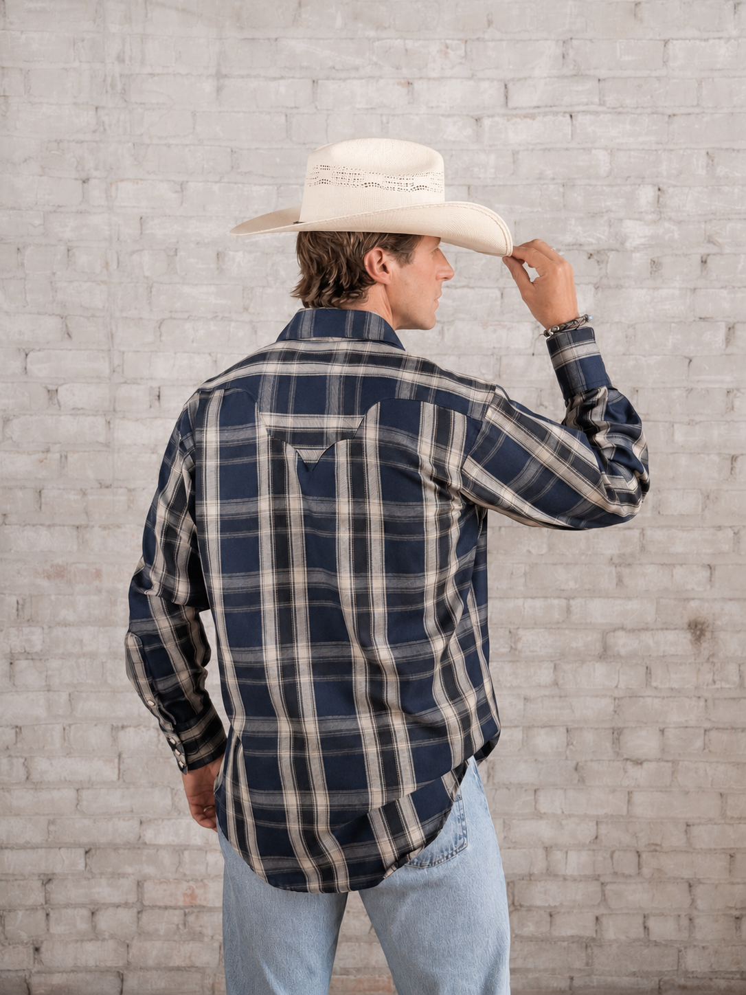 Men's Navy Fine Shadow Plaid Western Shirt