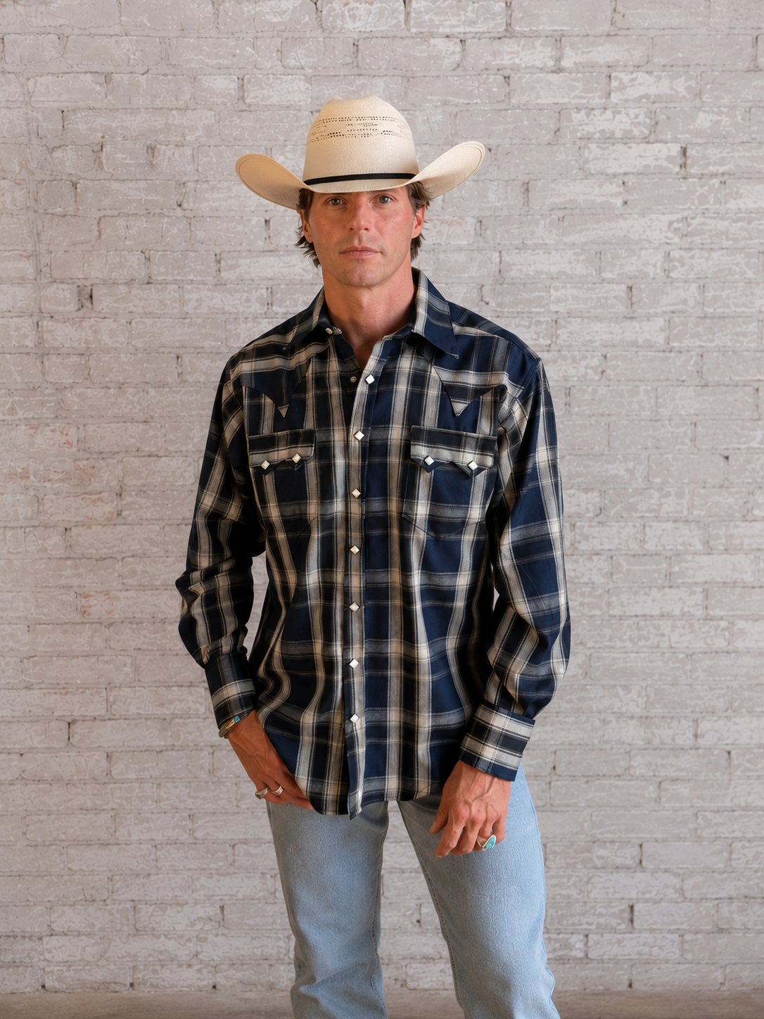 Men's Navy Fine Shadow Plaid Western Shirt