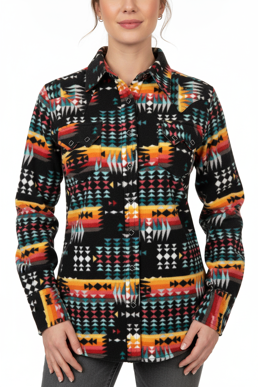 Women's Native Pattern Fleece Western Shirt in Black & Red