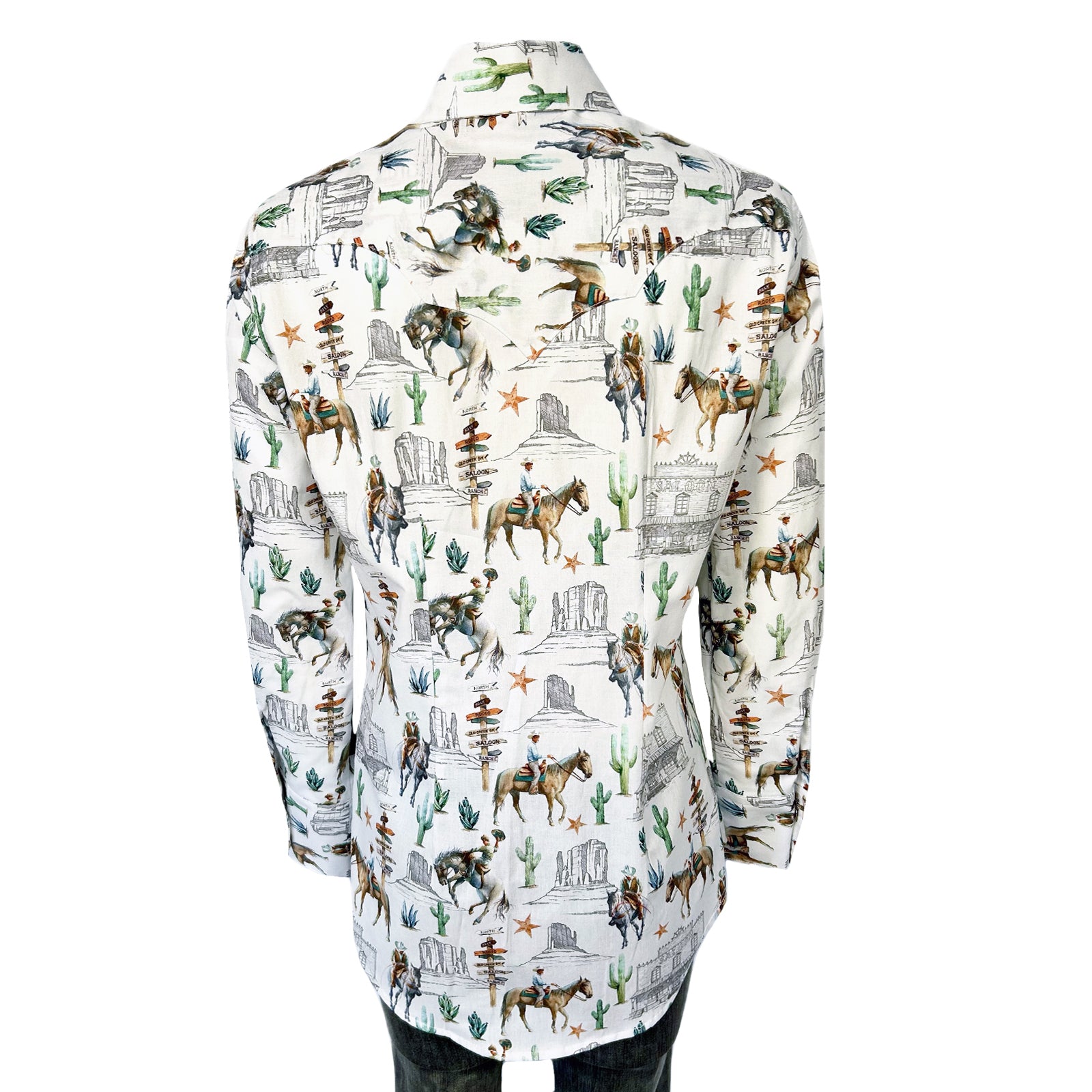 Women’s White Cactus & Cowboys Print Long Sleeve Western Shirt