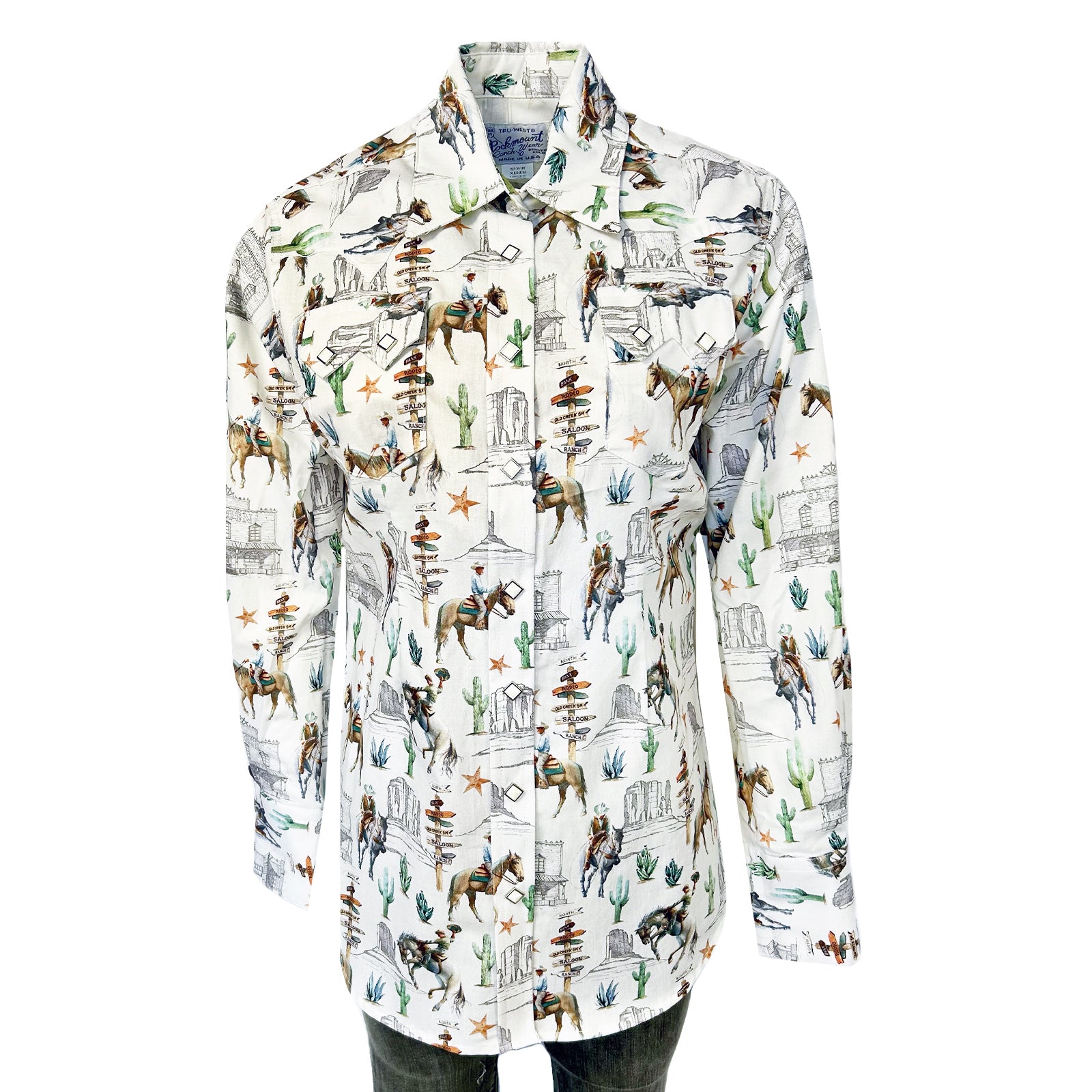 Women’s White Cactus & Cowboys Print Long Sleeve Western Shirt