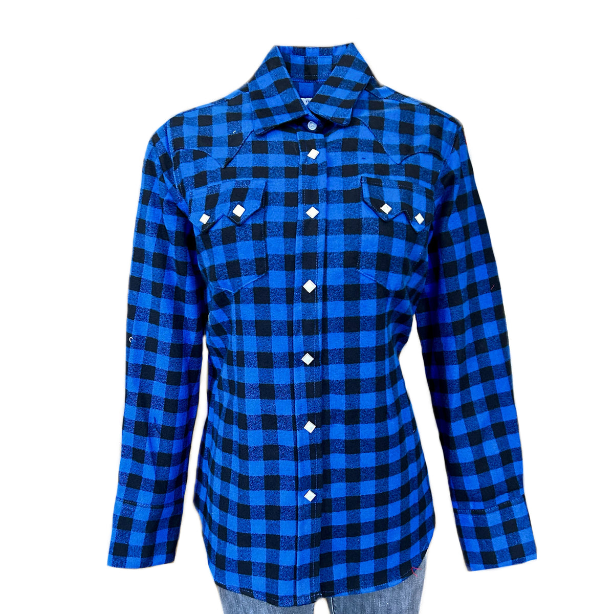 Women's Plush Blue & Black Buffalo Check Flannel Western Shirt - Rockmount