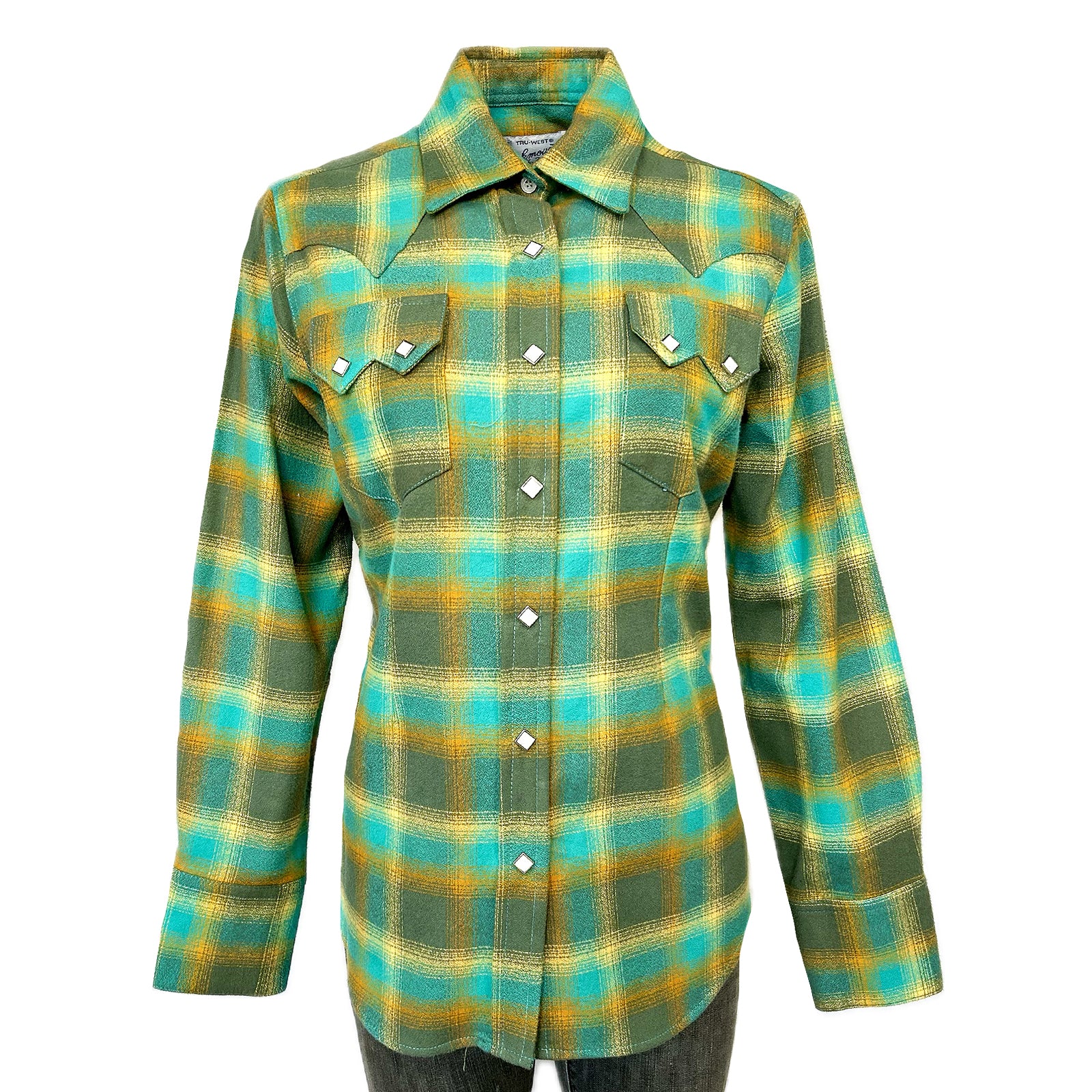 Women's Plush Green & Turquoise Plaid Flannel Western Shirt