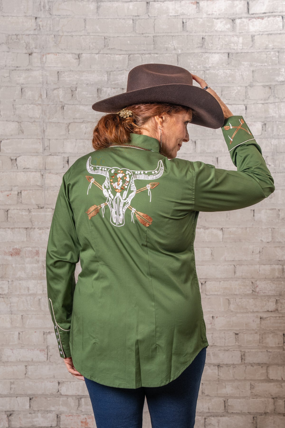 Women’s Vintage Green Steer Skull & Arrow Chain Stitch Embroidered Western Shirt