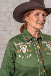 Women’s Vintage Green Steer Skull & Arrow Chain Stitch Embroidered Western Shirt
