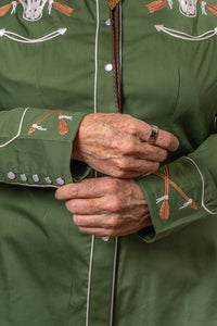 Women’s Vintage Green Steer Skull & Arrow Chain Stitch Embroidered Western Shirt