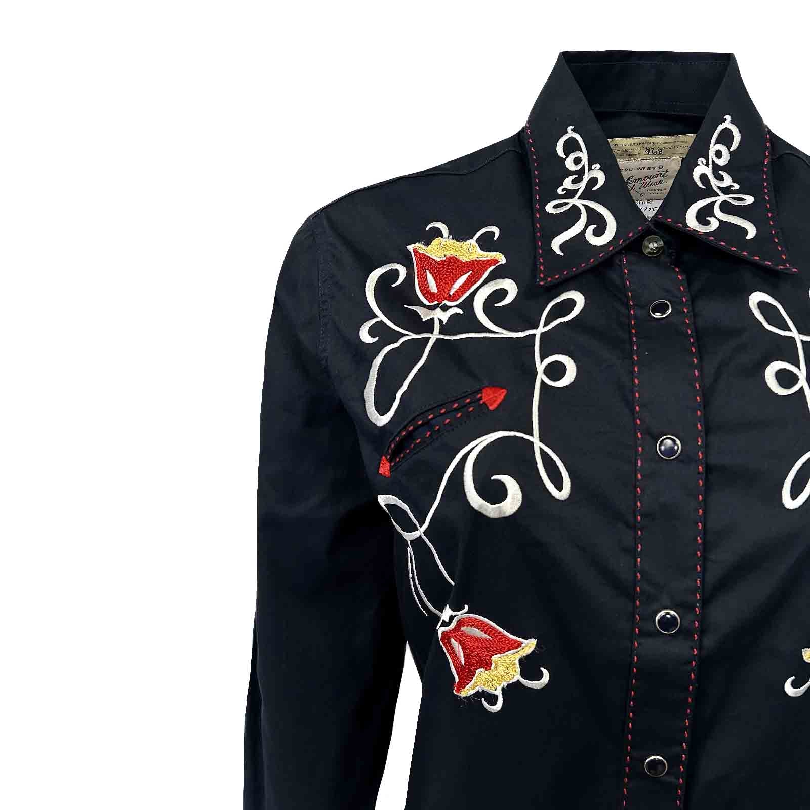 Women's Navy Art Deco Floral Embroidered Western Shirt