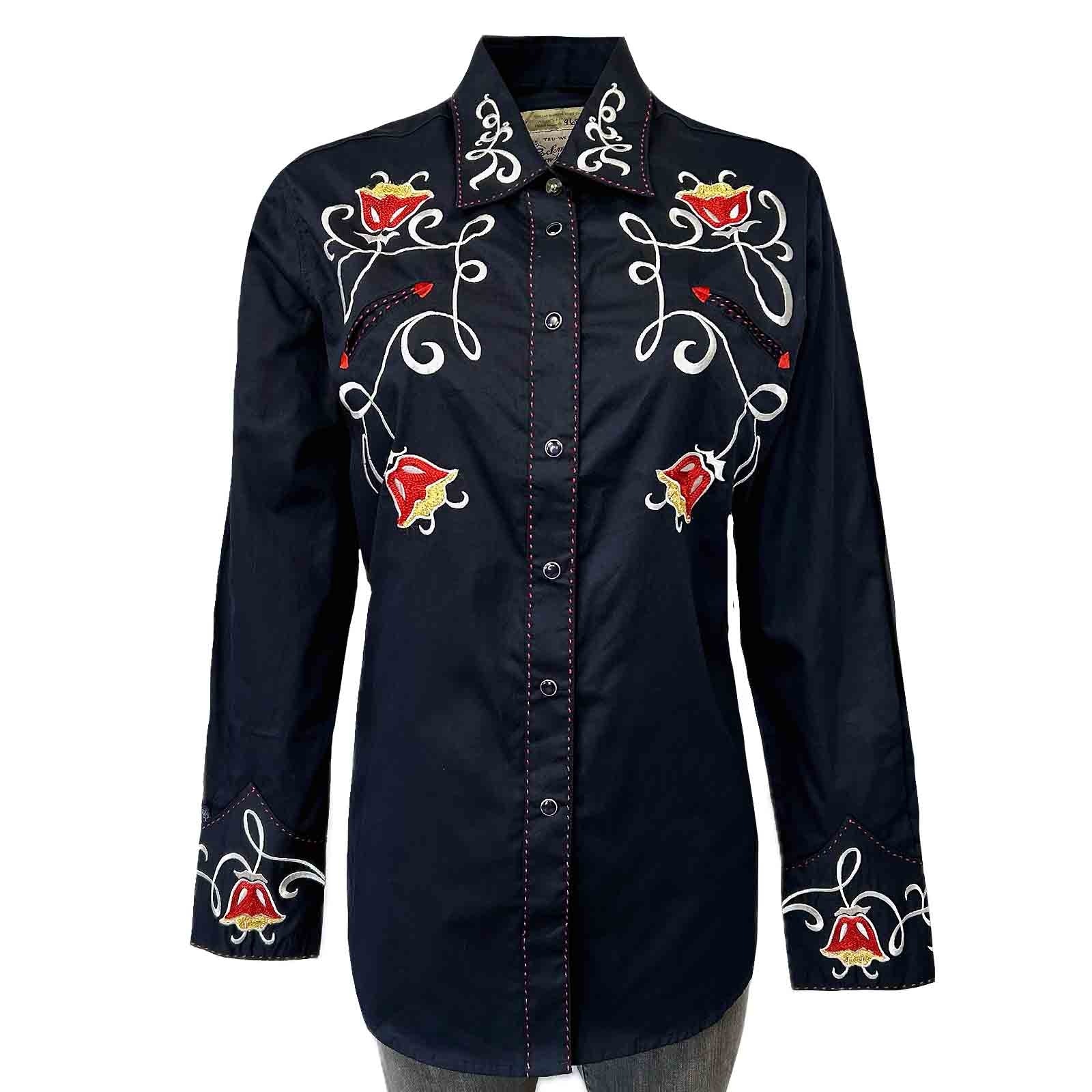 Women's Navy Art Deco Floral Embroidered Western Shirt