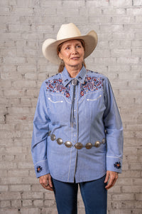 Women's Vintage Blue Floral Embroidered Western Shirt