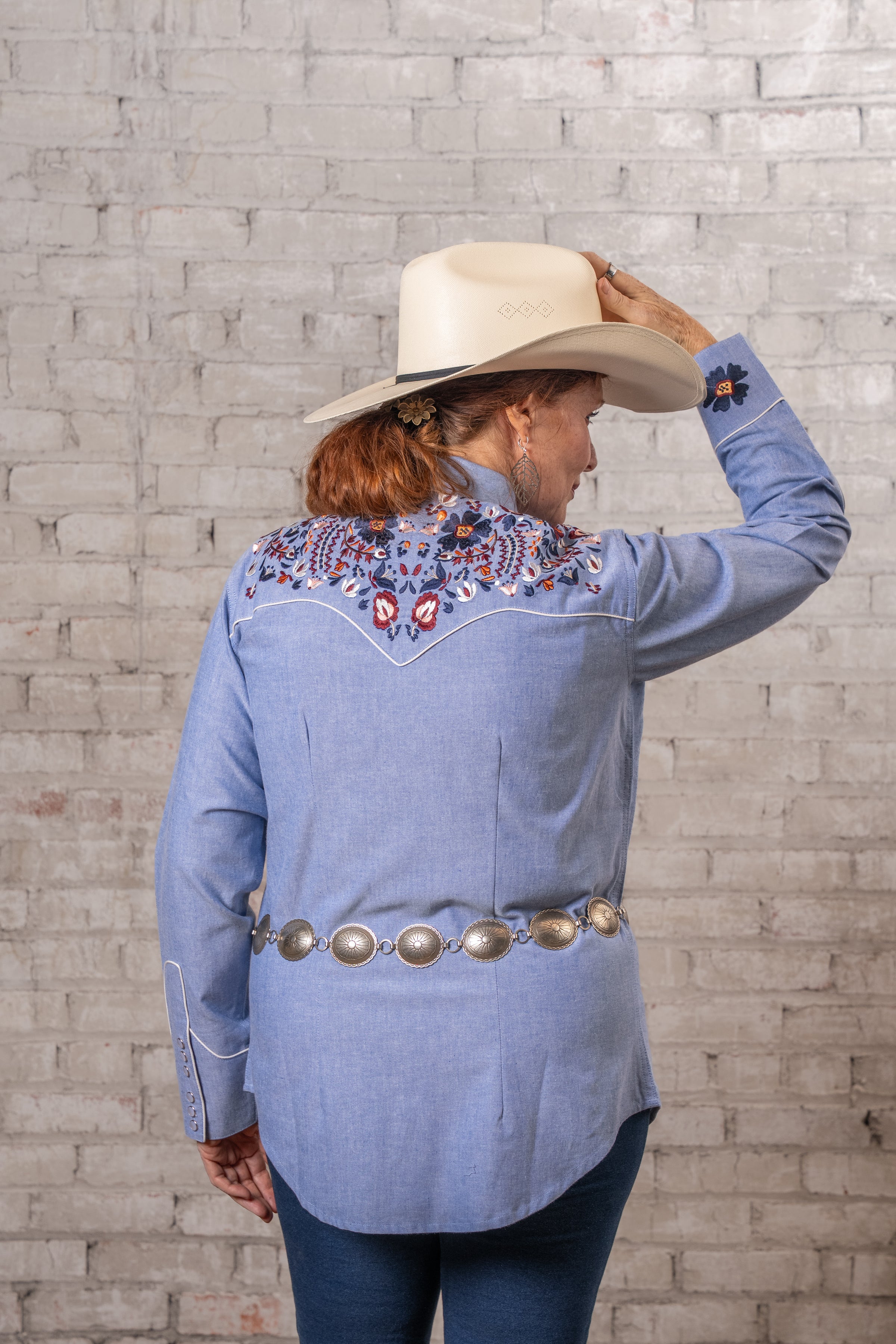 Women's Vintage Blue Floral Embroidered Western Shirt