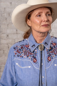 Women's Vintage Blue Floral Embroidered Western Shirt