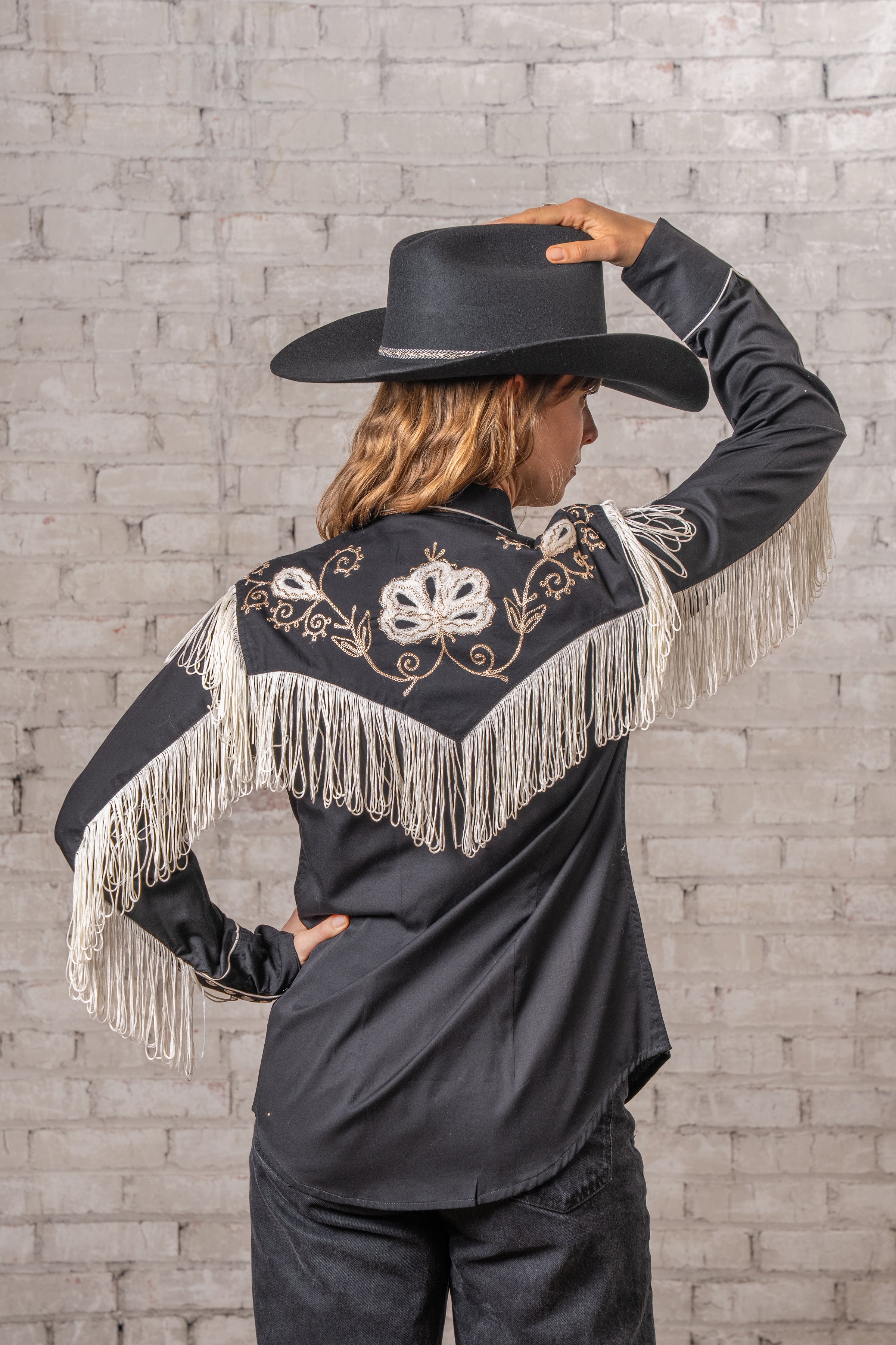 Women's Vintage Black Fringe Embroidered Western Shirt
