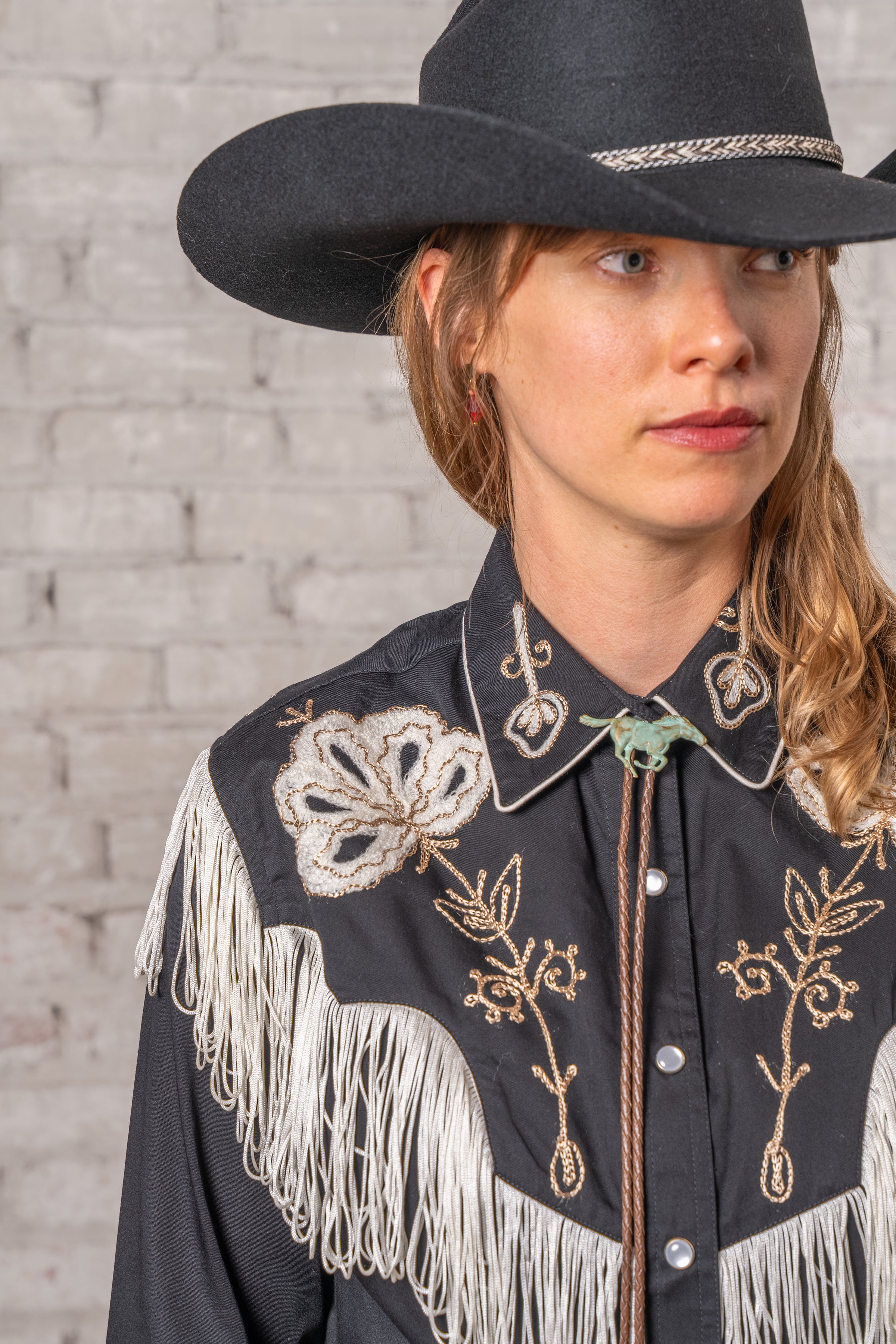 Women's Vintage Black Fringe Embroidered Western Shirt