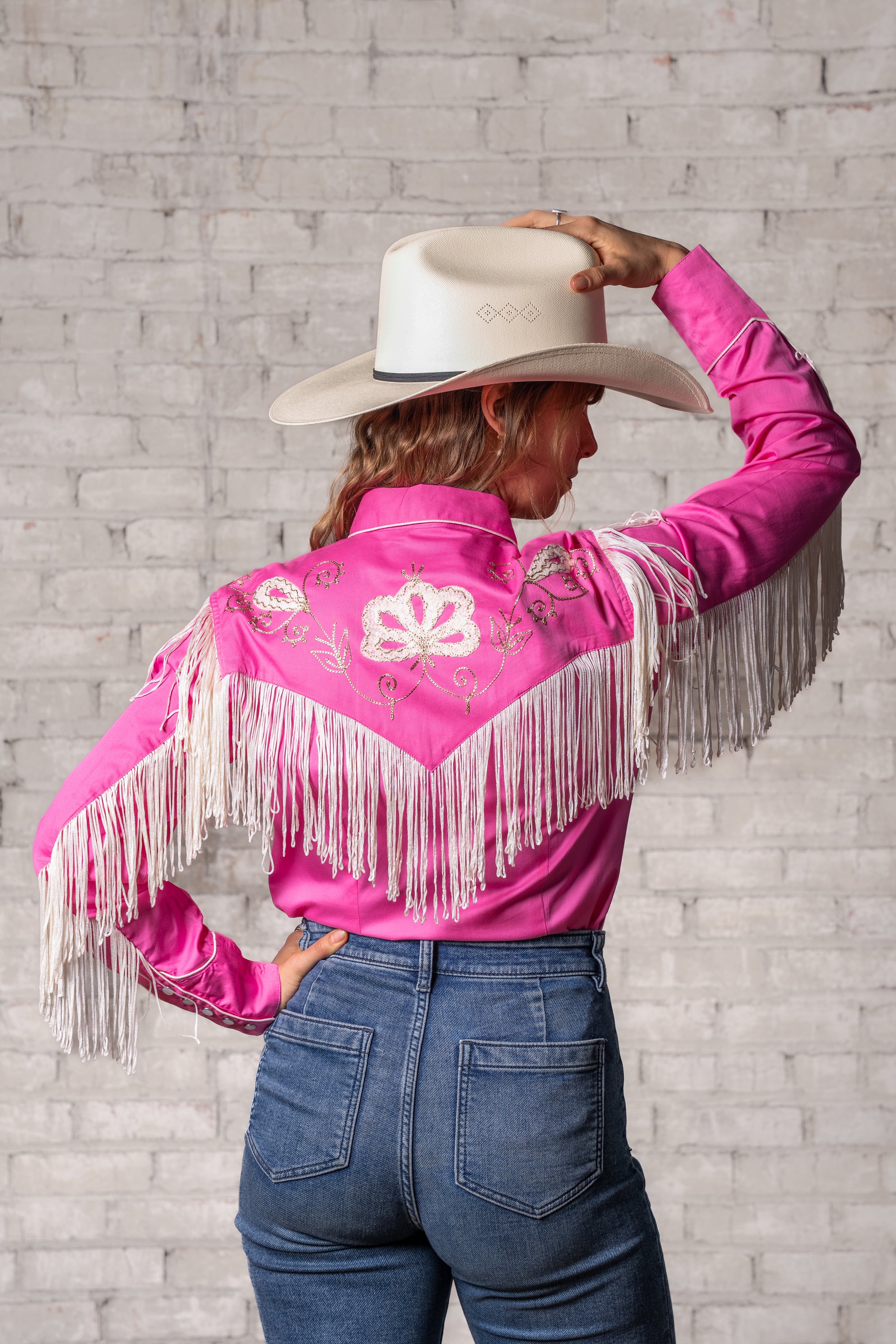 Women's Vintage Pink Fringe Embroidery Western Shirt