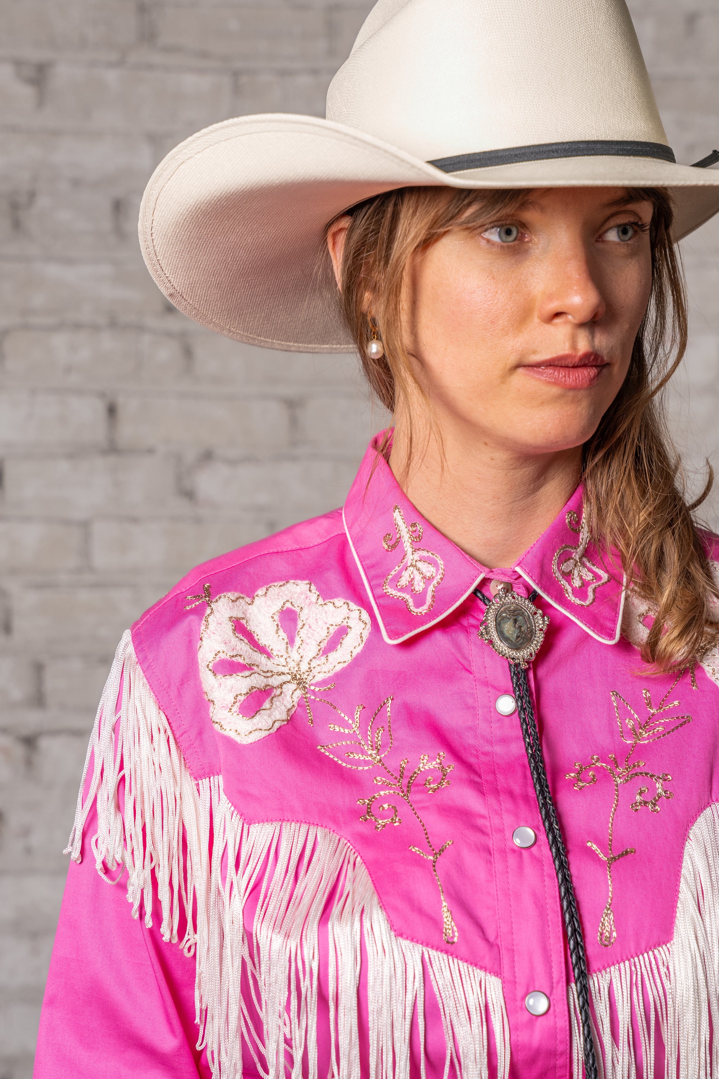 Women's Vintage Pink Fringe Embroidery Western Shirt