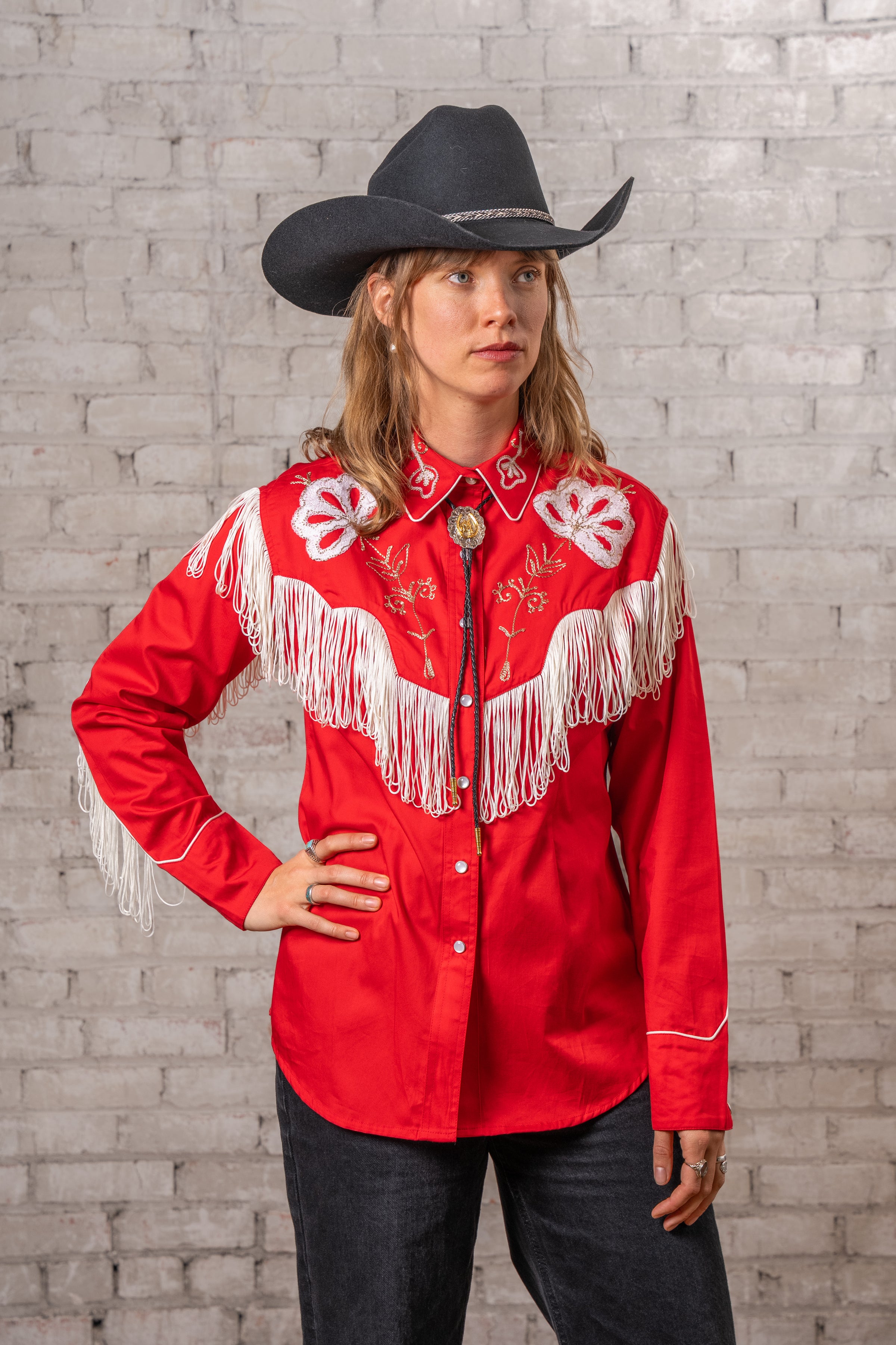 Women's Vintage Fringe Red Embroidery Western Shirt