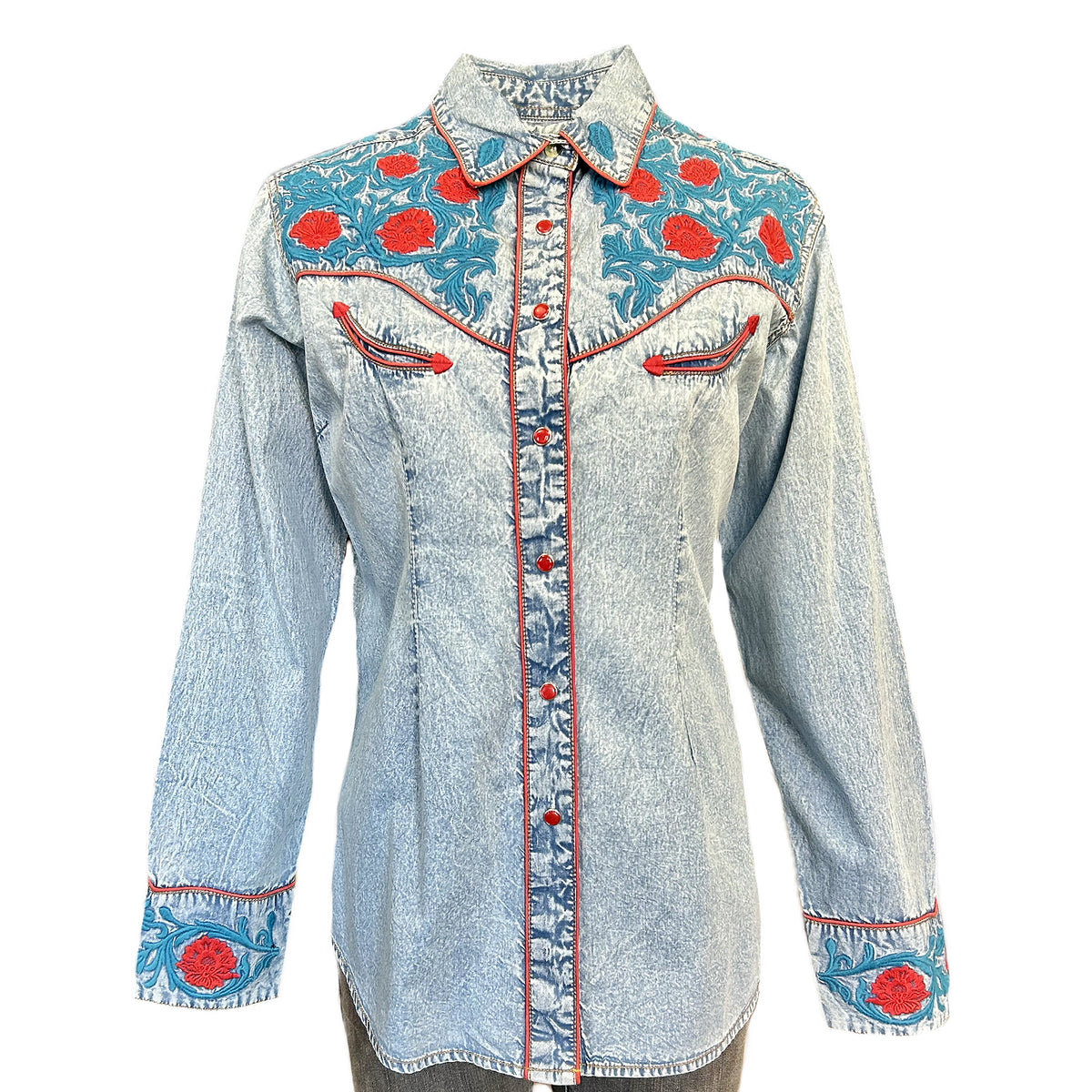 Women's Vintage Denim Floral Embroidered Western Shirt - Rockmount