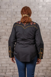 Women's Vintage Black Variegated Floral Embroidered Western Shirt