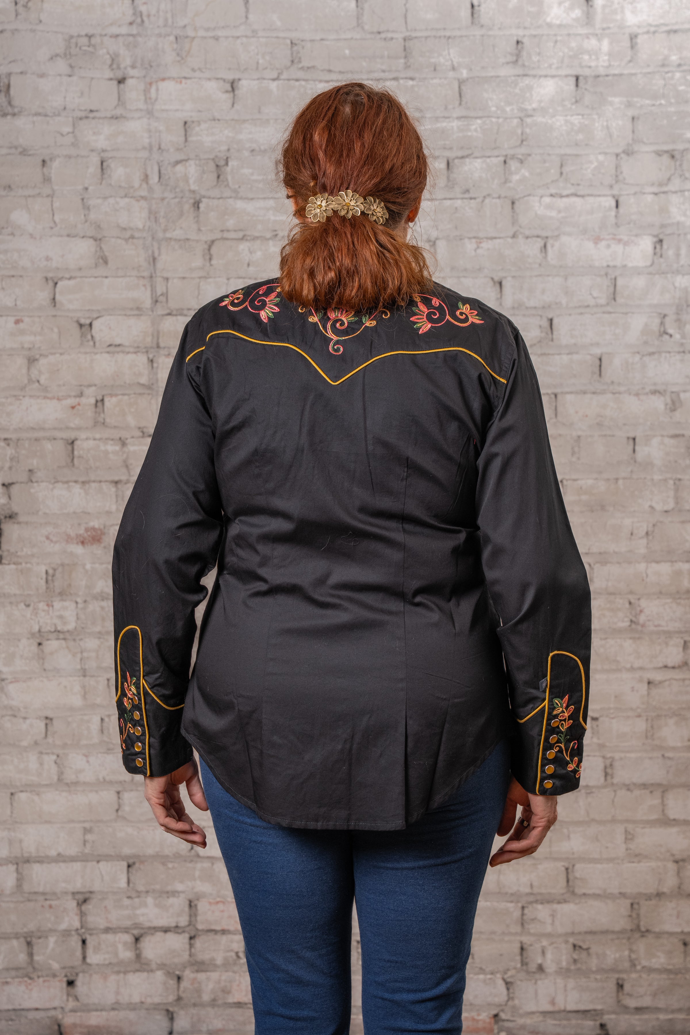 Women's Vintage Black Variegated Floral Embroidered Western Shirt