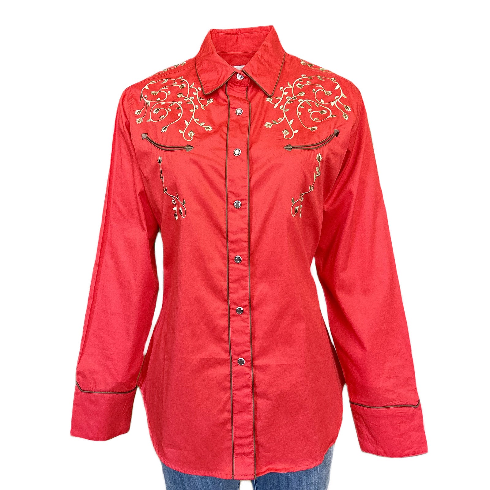 Women’s Rhinestones & Scrolls Embroidered Western Shirt in Red