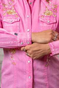 Women's Soft Pink Floral Embroidered Western Shirt