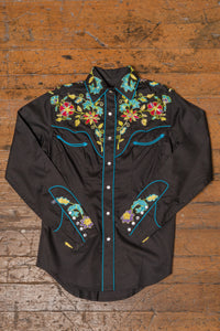Women's Vintage Black Floral Bouquet Embroidered Western Shirt by Rockmount Ranch Wear with chenille floral embroidery