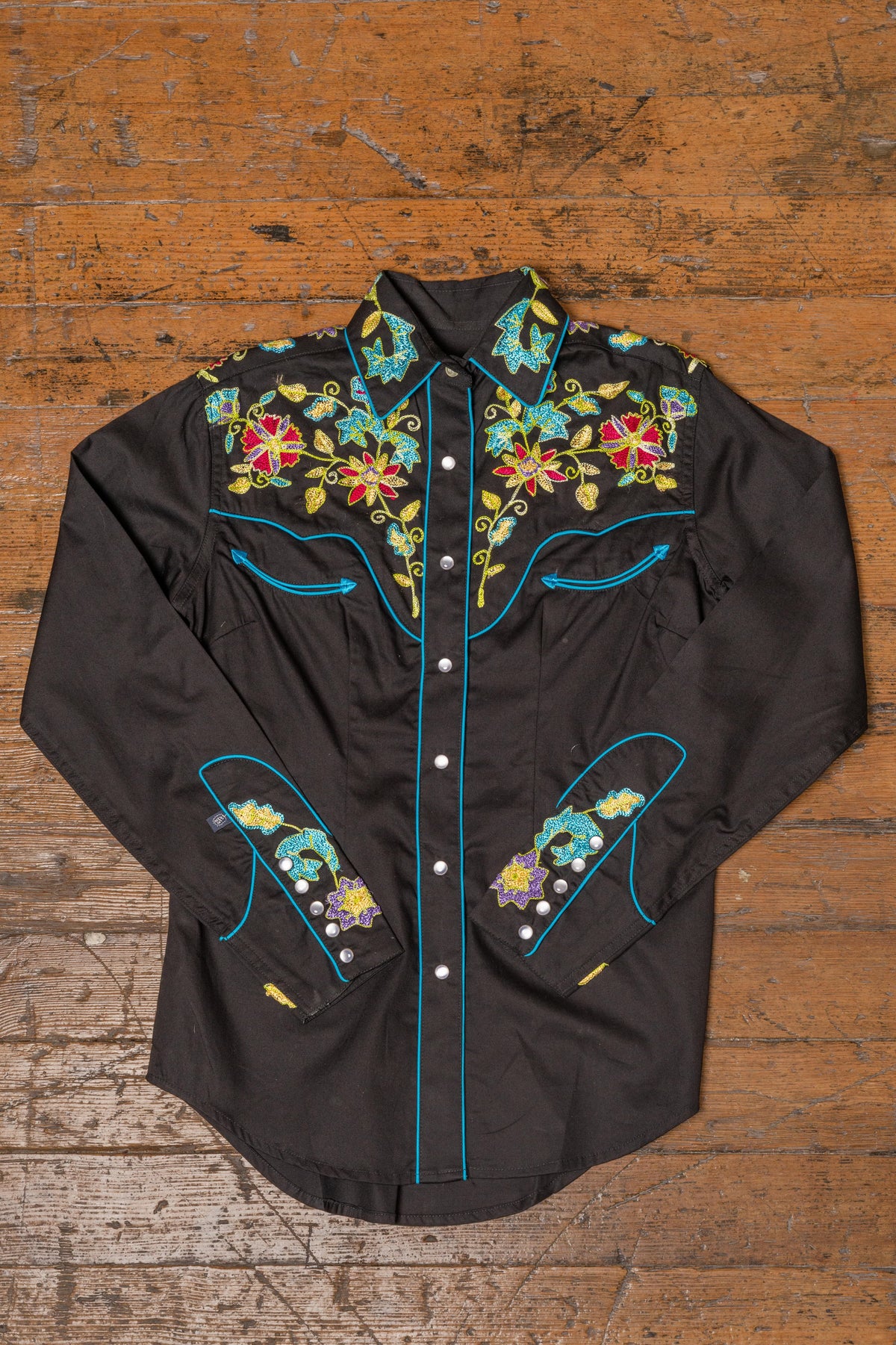 Women's Vintage Black Floral Bouquet Embroidered Western Shirt by Rockmount Ranch Wear with chenille floral embroidery