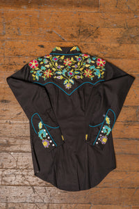 Women's Vintage Black Floral Bouquet Embroidered Western Shirt by Rockmount Ranch Wear, vintage western shirt with chenille embroidery