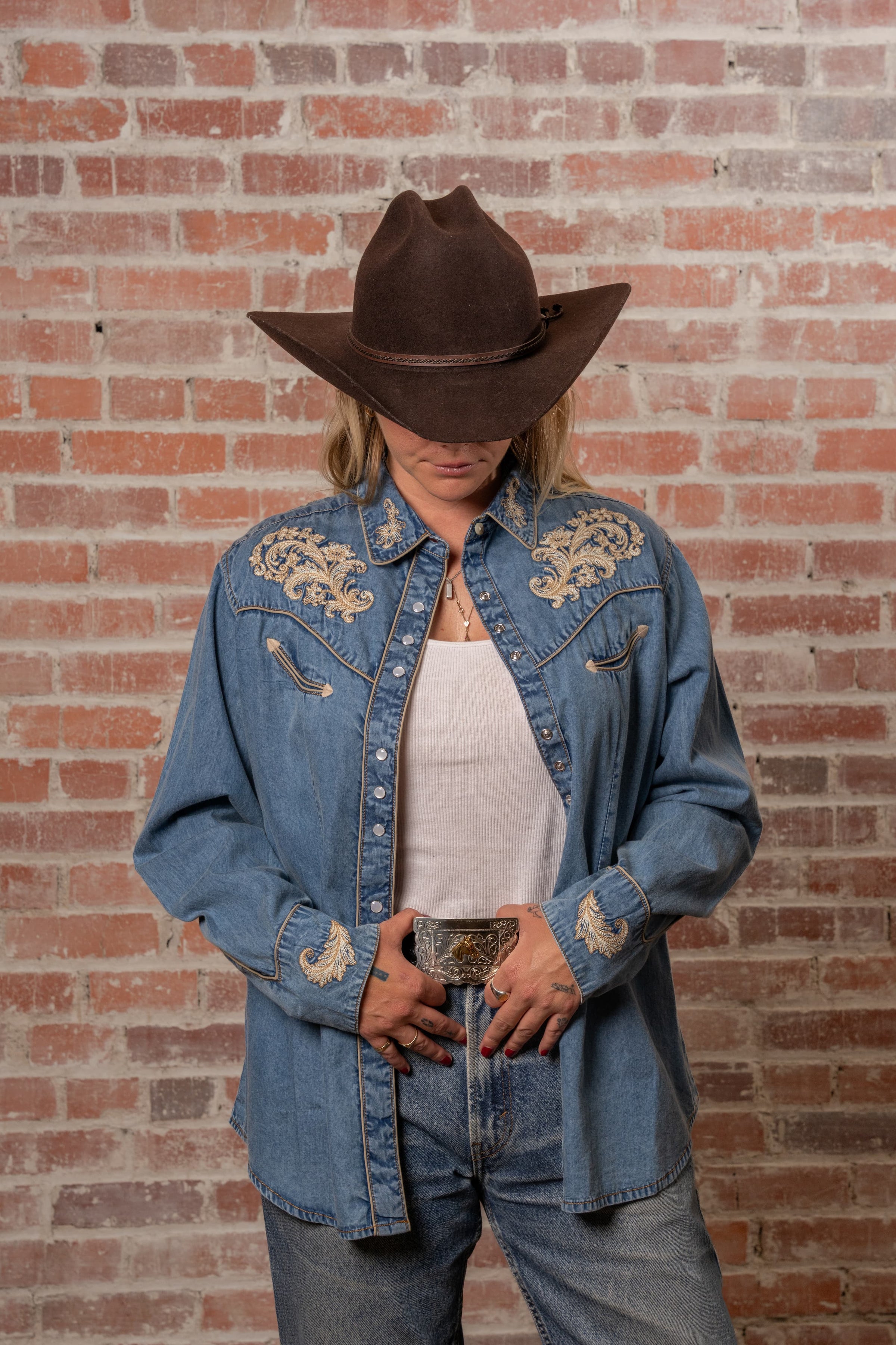 Women’s Vintage Floral Denim with Pink Piping Embroidered Western Shirt