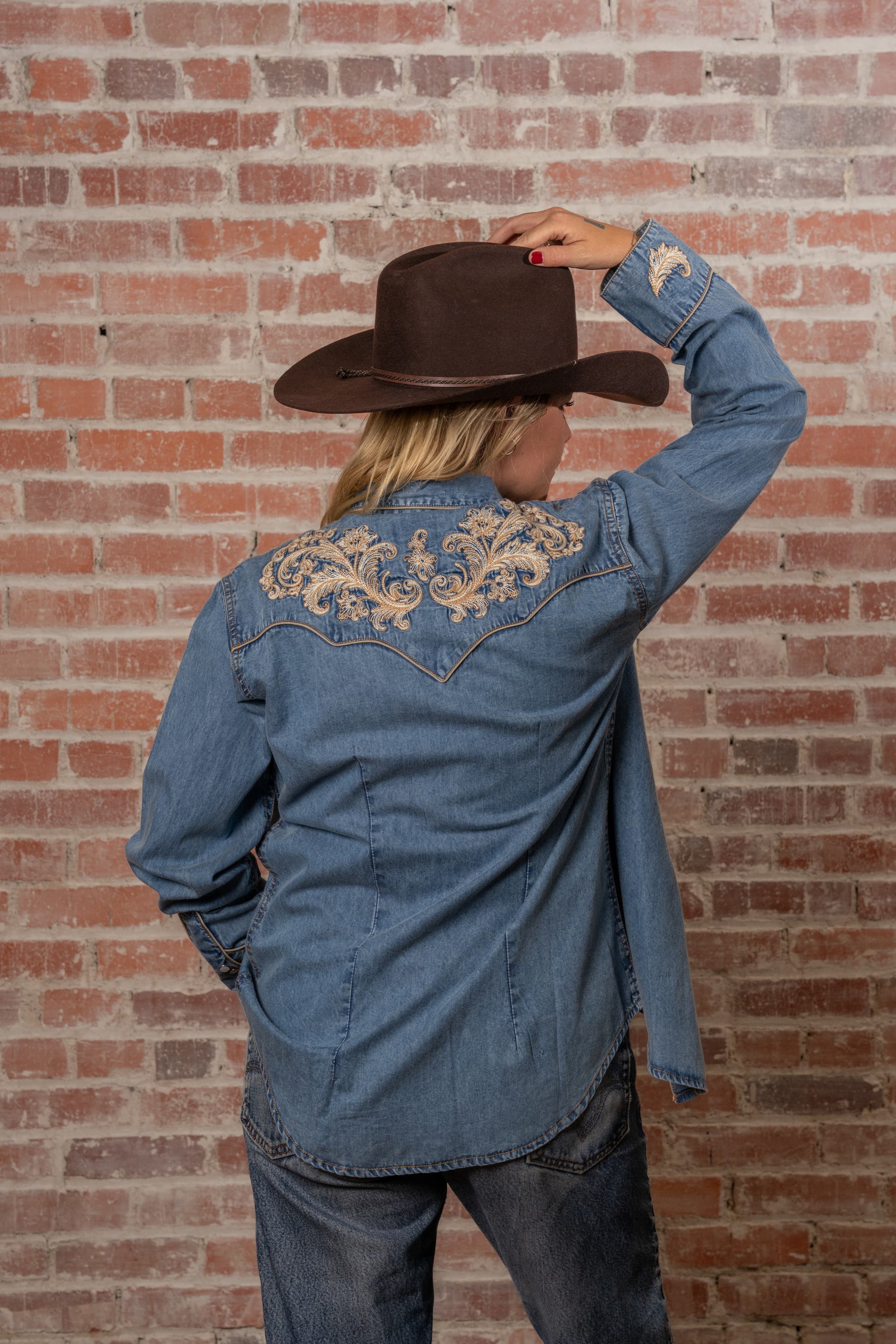 Women’s Vintage Floral Denim with Pink Piping Embroidered Western Shirt